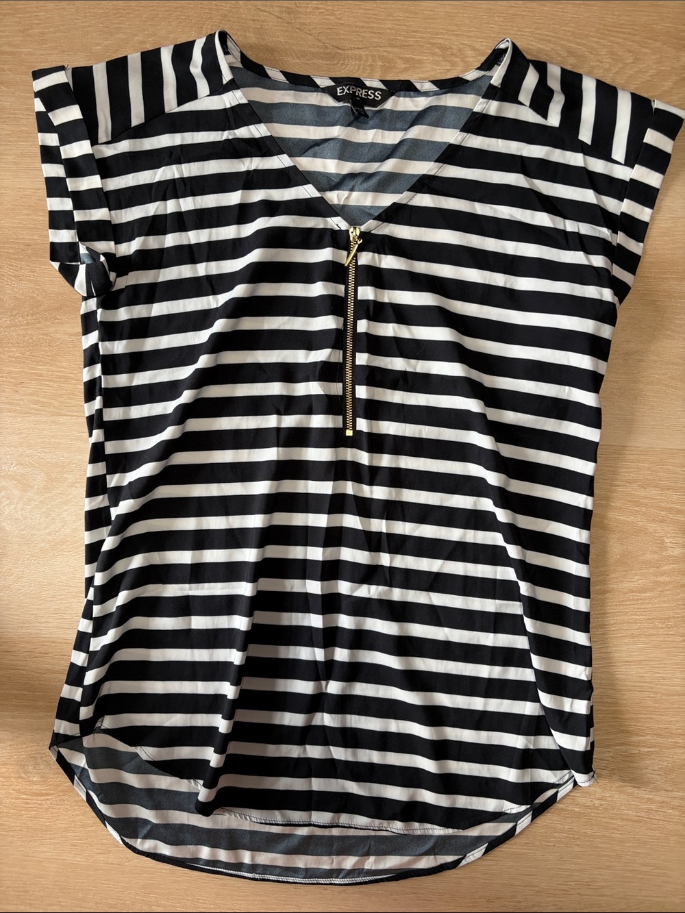 Express Black and White Striped V-Neck Zip Top